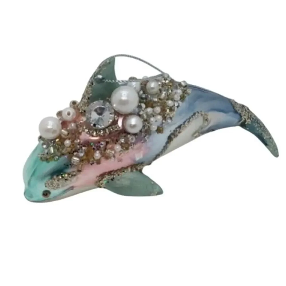 Dolphin Christmas Ornament Blue Glass Nautical Ocean Seaside Jeweled‎